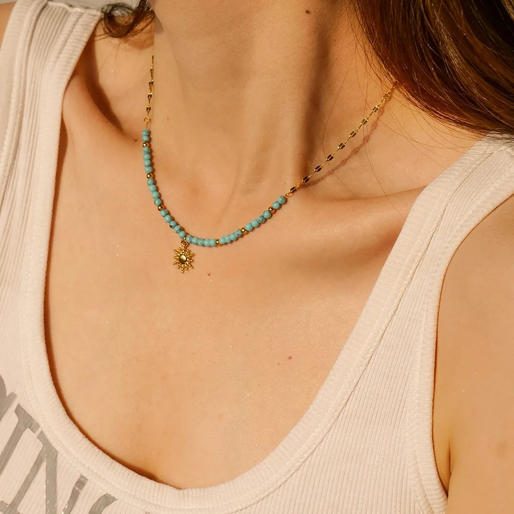 Turquoise Beaded Sun Charm Necklace Gold One Size OutfitFlow