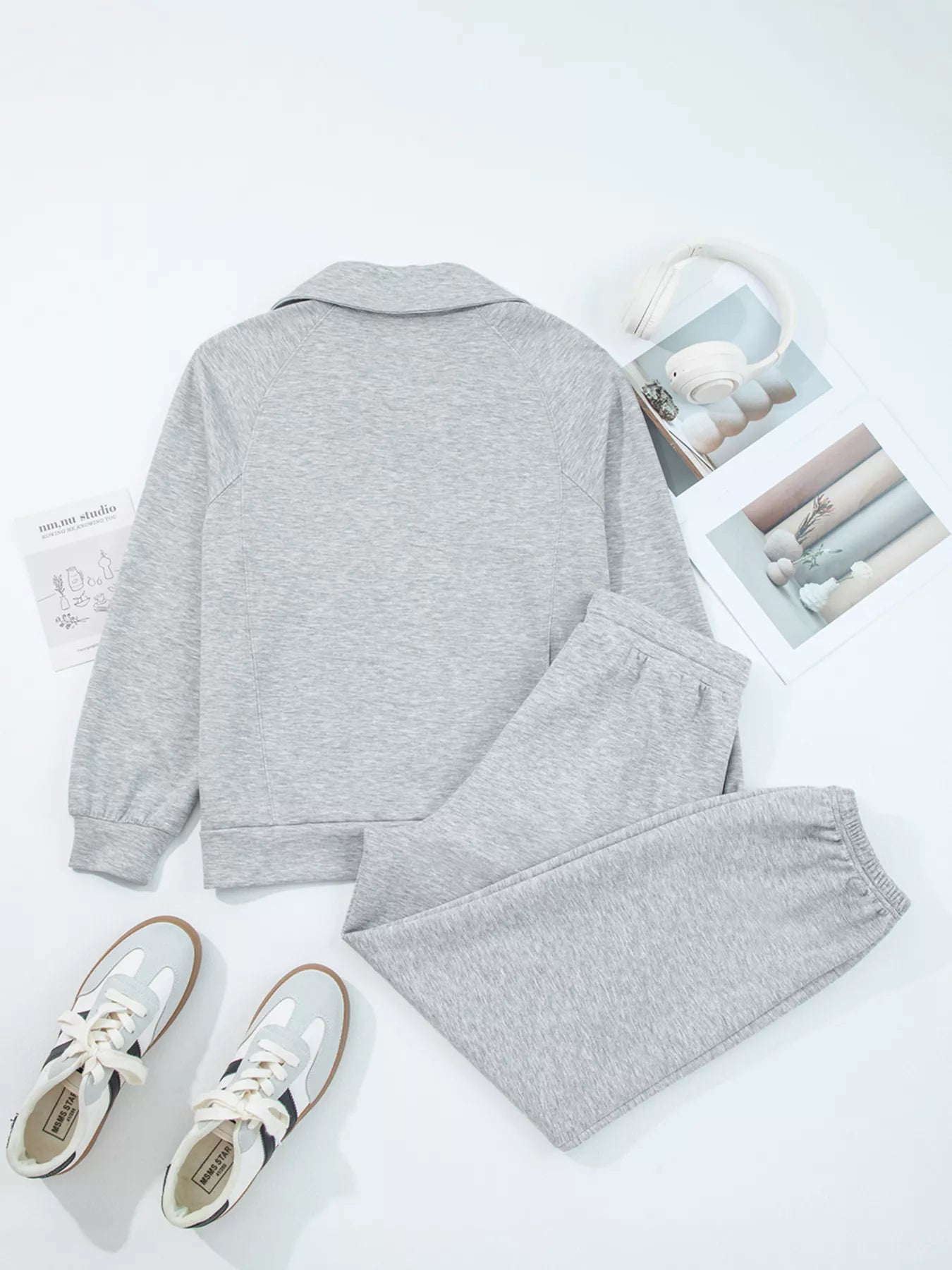 Zip Collar Long Sleeve Top and Drawstring Pants Set OutfitFlow