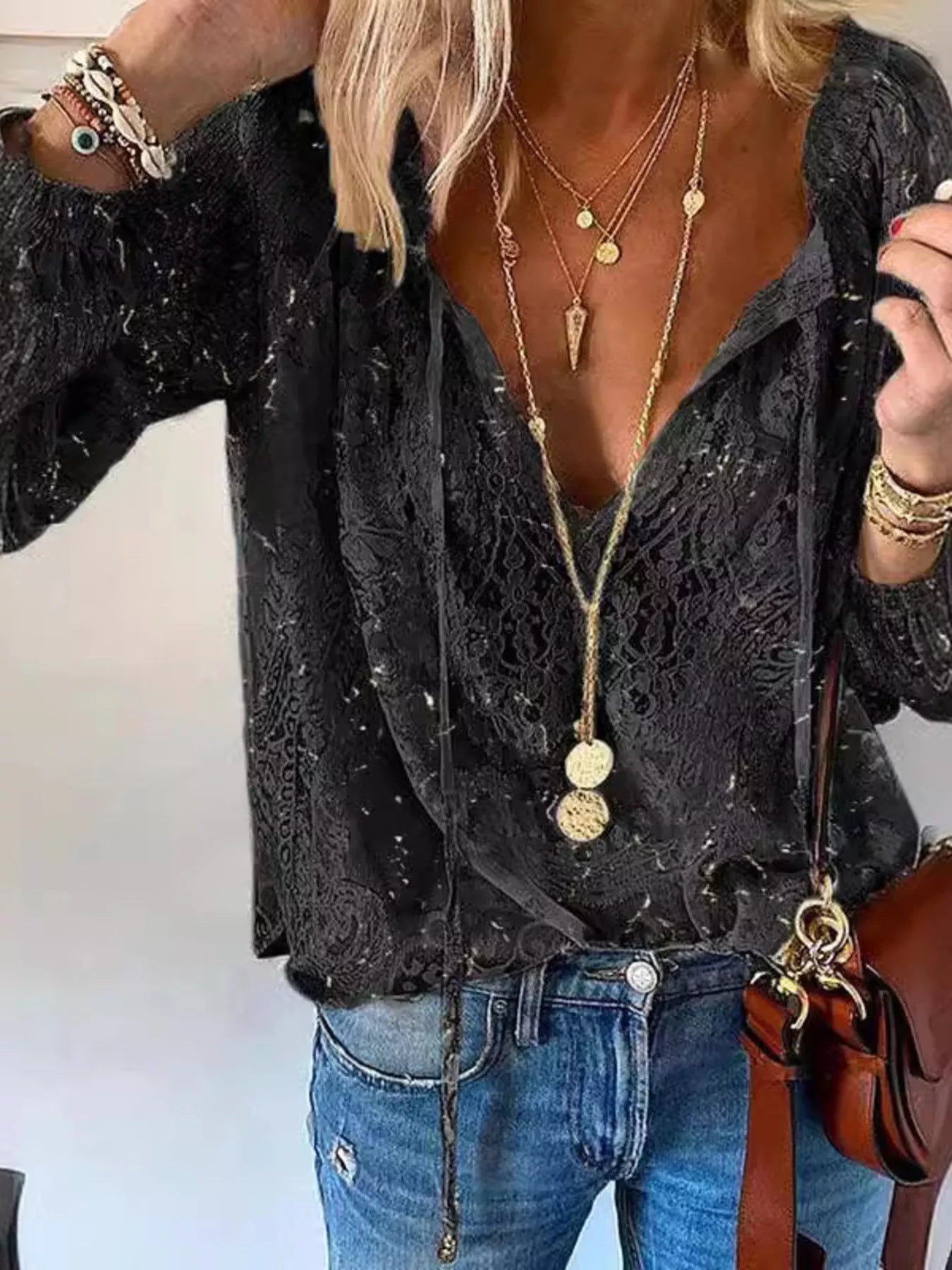 Lace Tie-Neck Blouse Trendsi