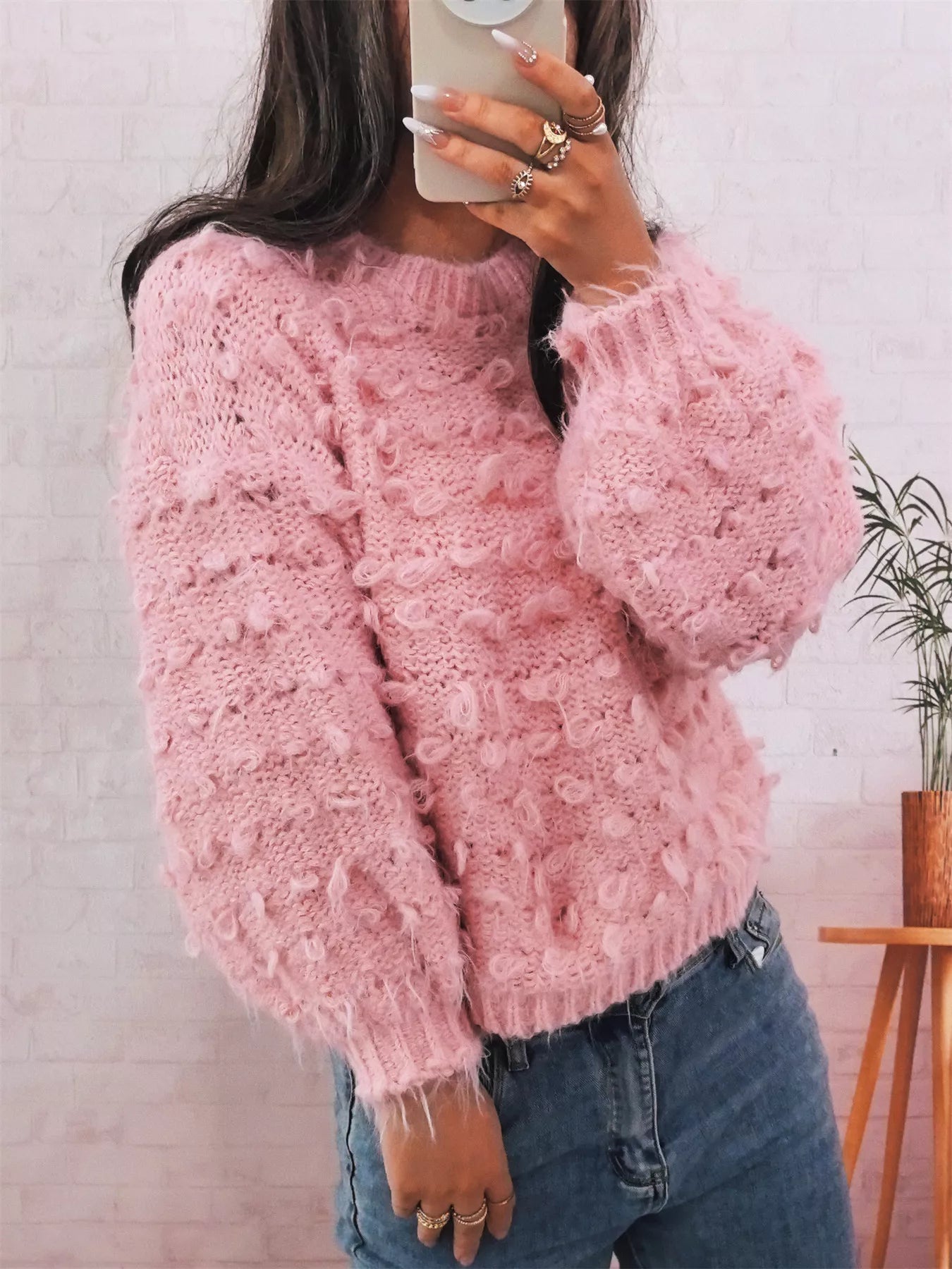 Chunky Round Neck Long Sleeve Sweater Pink One Size OutfitFlow