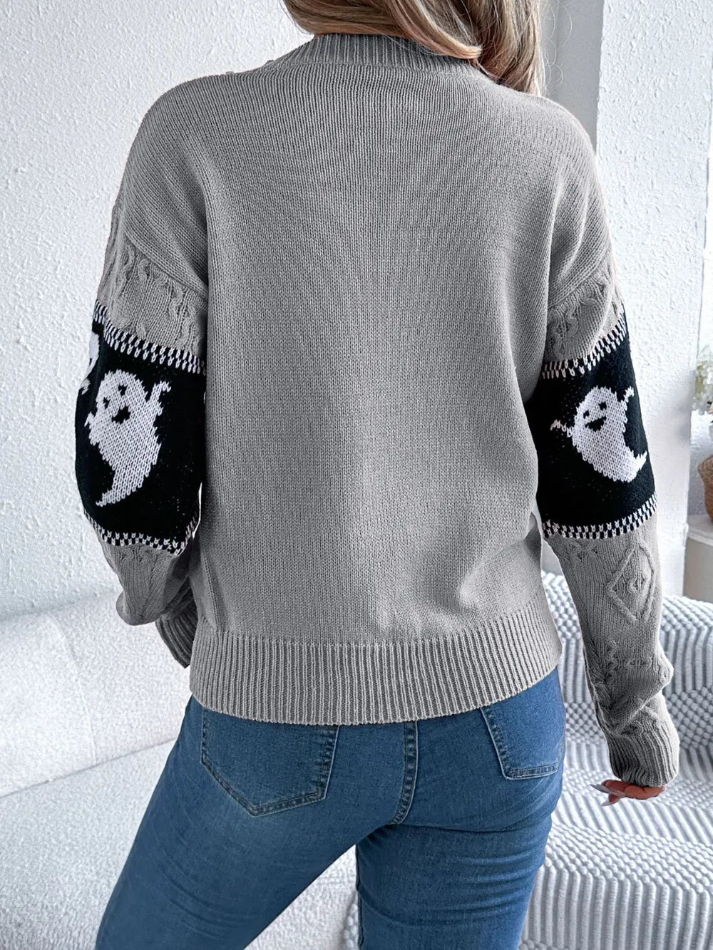 Ghost Round Neck Long Sleeve Sweater OutfitFlow