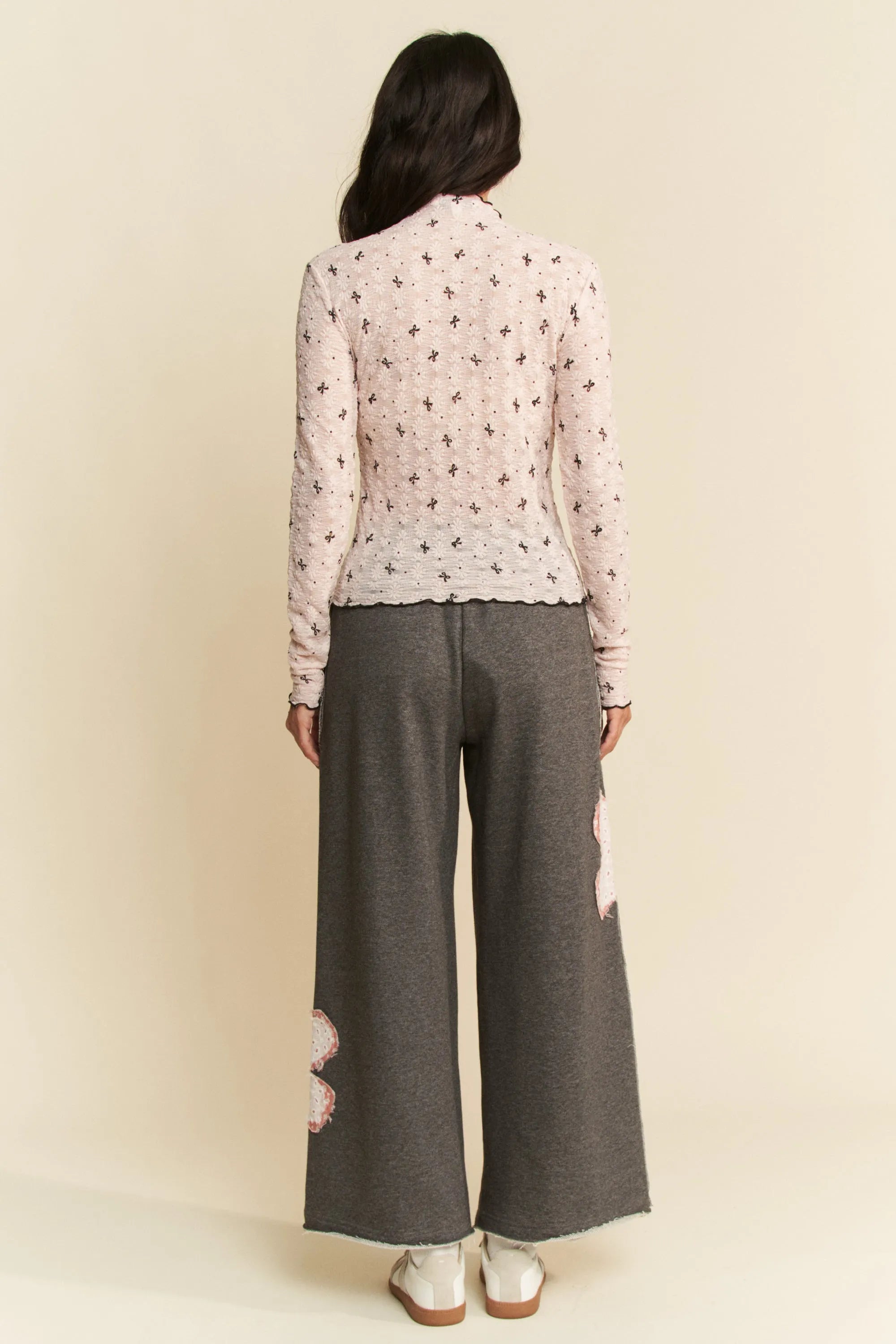 Davi & Dani Ribbon Bow Lace Hem Long Sleeve Mesh Layering Top OutfitFlow