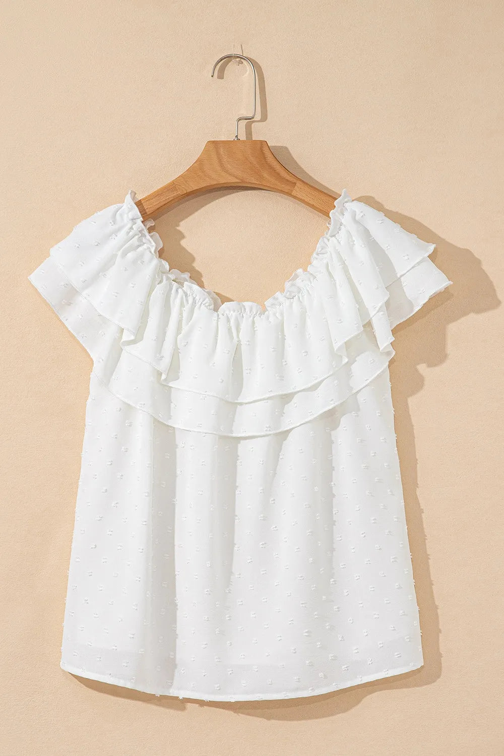 Off Shoulder Ruffle Knotted Detail Swiss Dot Blouse OutfitFlow