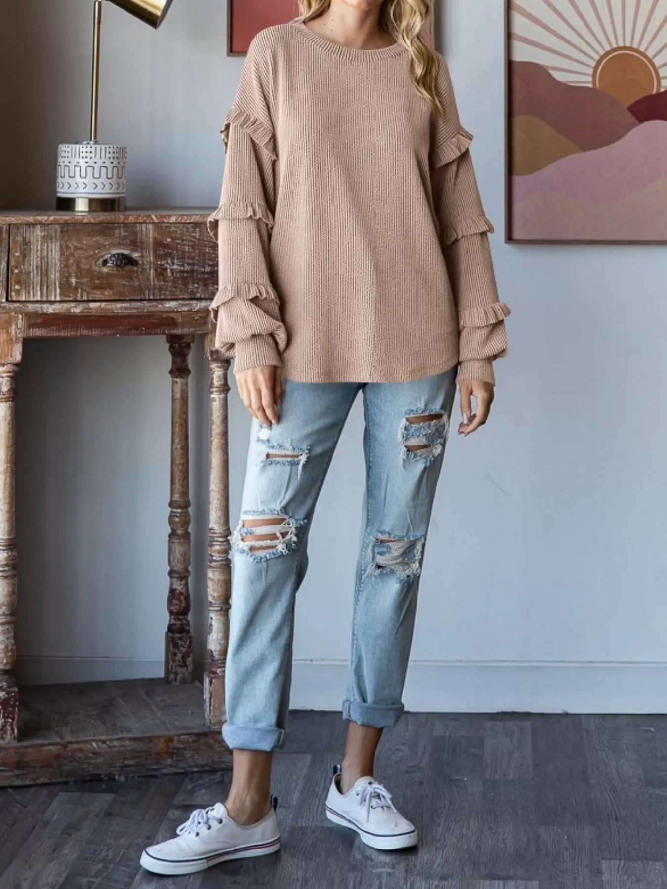 Ruffle Trim Long Sleeve Ribbed Top OutfitFlow