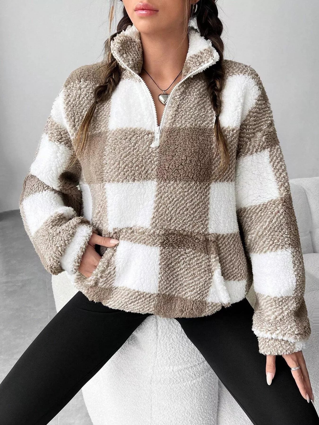 Full Size Plaid Sherpa Long Sleeve Sweatshirt Plus Size OutfitFlow