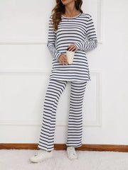 Slit Striped Long Sleeve Top and Pants Set OutfitFlow