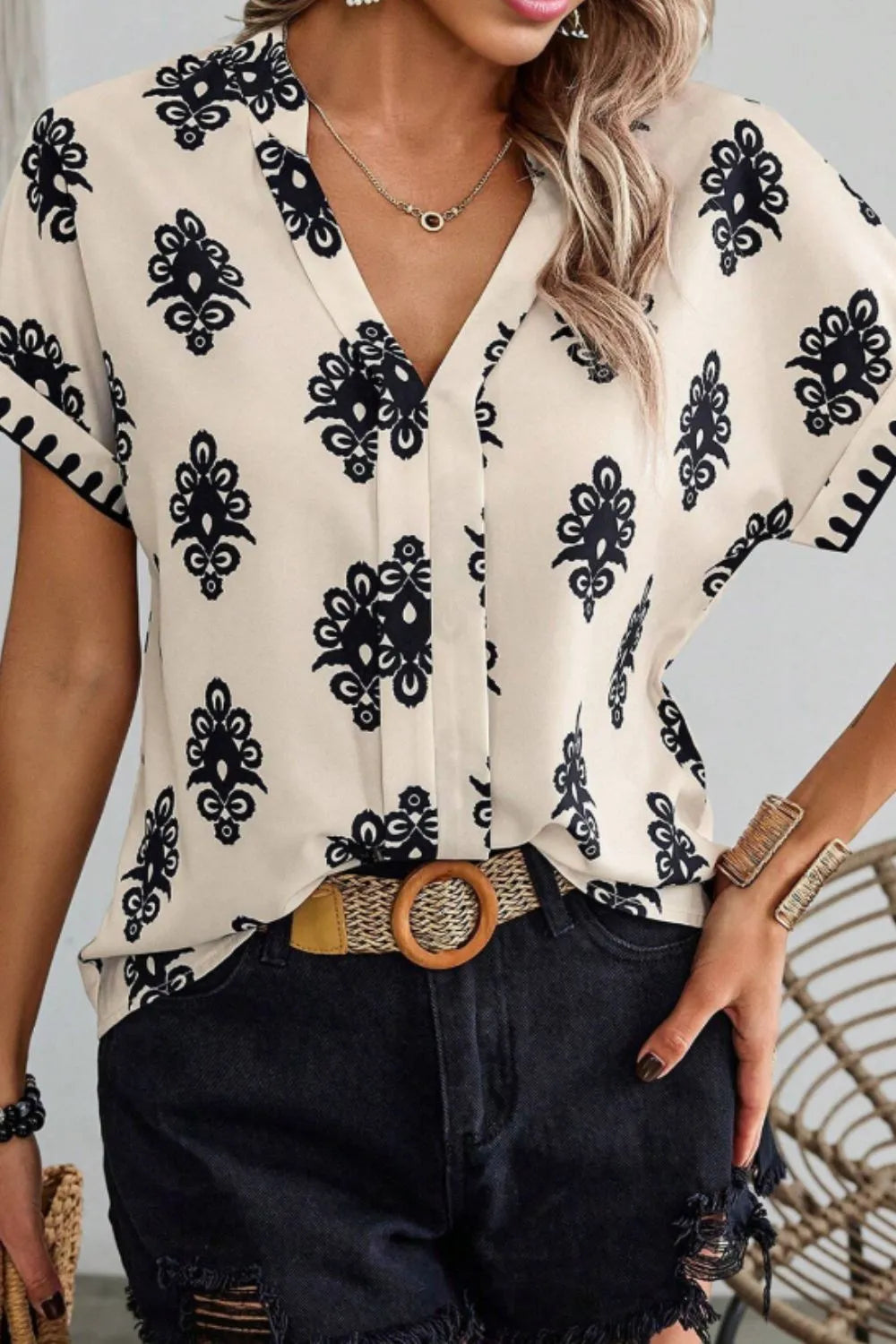 Printed Short Sleeve Loose Blouse OutfitFlow