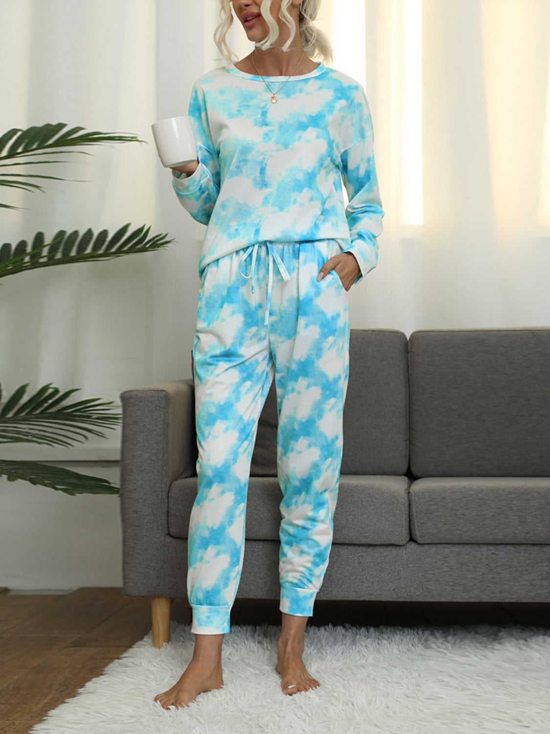 Outfit Flow - Shiny Tie-Dye Round Neck Top and Pants Lounge Set