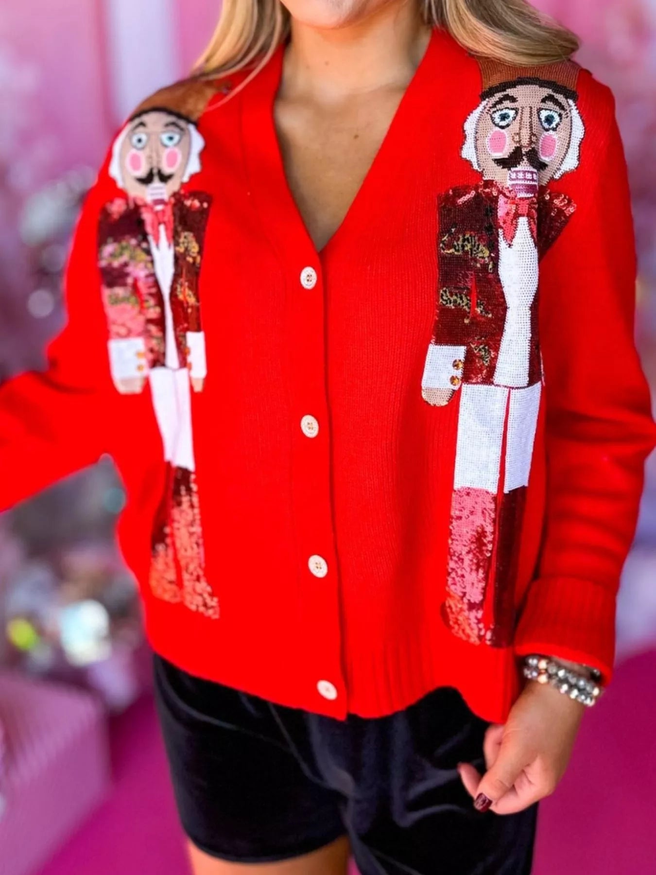 Nutcracker Ribbed Hem V-Neck Cardigan Scarlet Trendsi