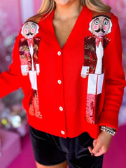 Nutcracker Ribbed Hem V-Neck Cardigan Scarlet Trendsi