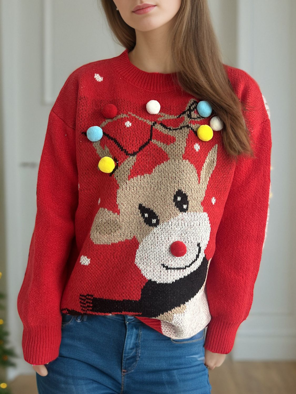 Outfit Flow - Reindeer Round Neck Long Sleeve Sweater