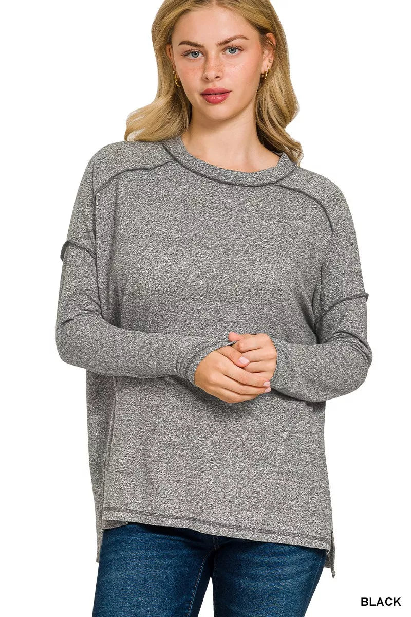 Zenana Full Size Melange Hacci Exposed Seam Hi-low Tee Plus Size BLACK OutfitFlow