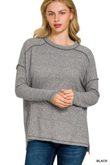 Zenana Full Size Melange Hacci Exposed Seam Hi-low Tee Plus Size BLACK OutfitFlow