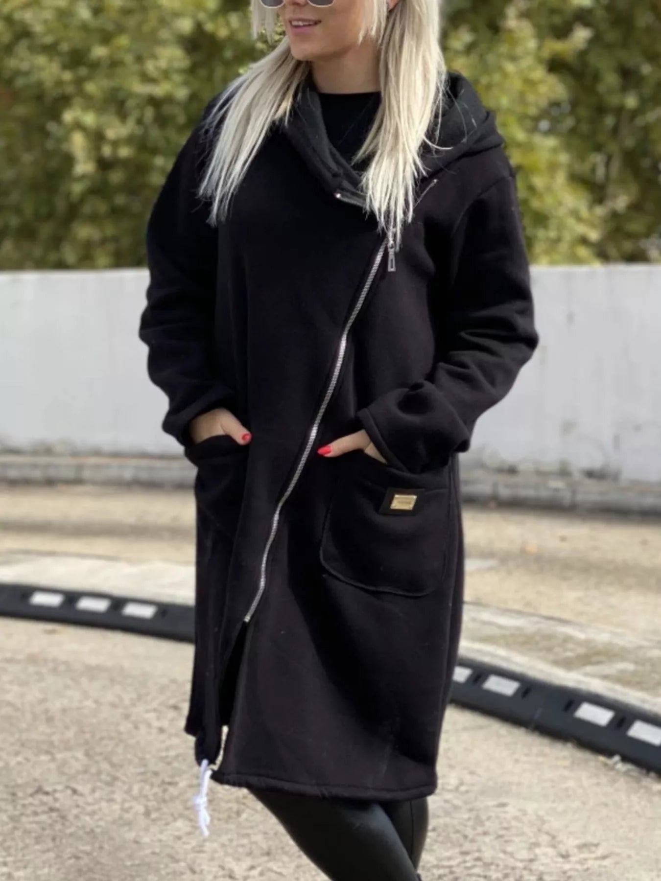 Full Size Asymmetrical Zip-Up Hooded Fleece Outerwear Plus Size Trendsi