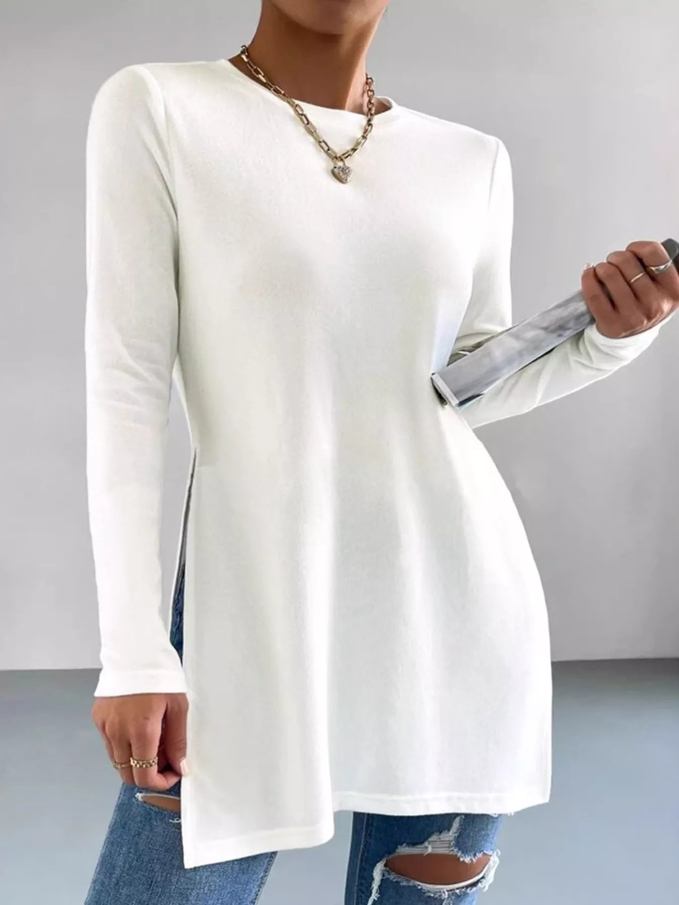 Long Sleeve Side Slit T-Shirt Trendsi