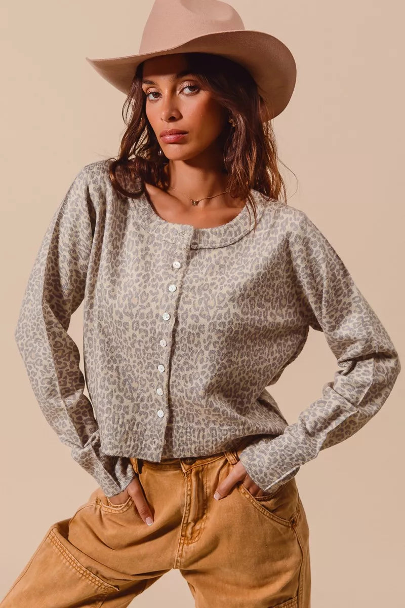 SO ME Two Tone Leopard Vintage Print Button Up Cardigan OutfitFlow