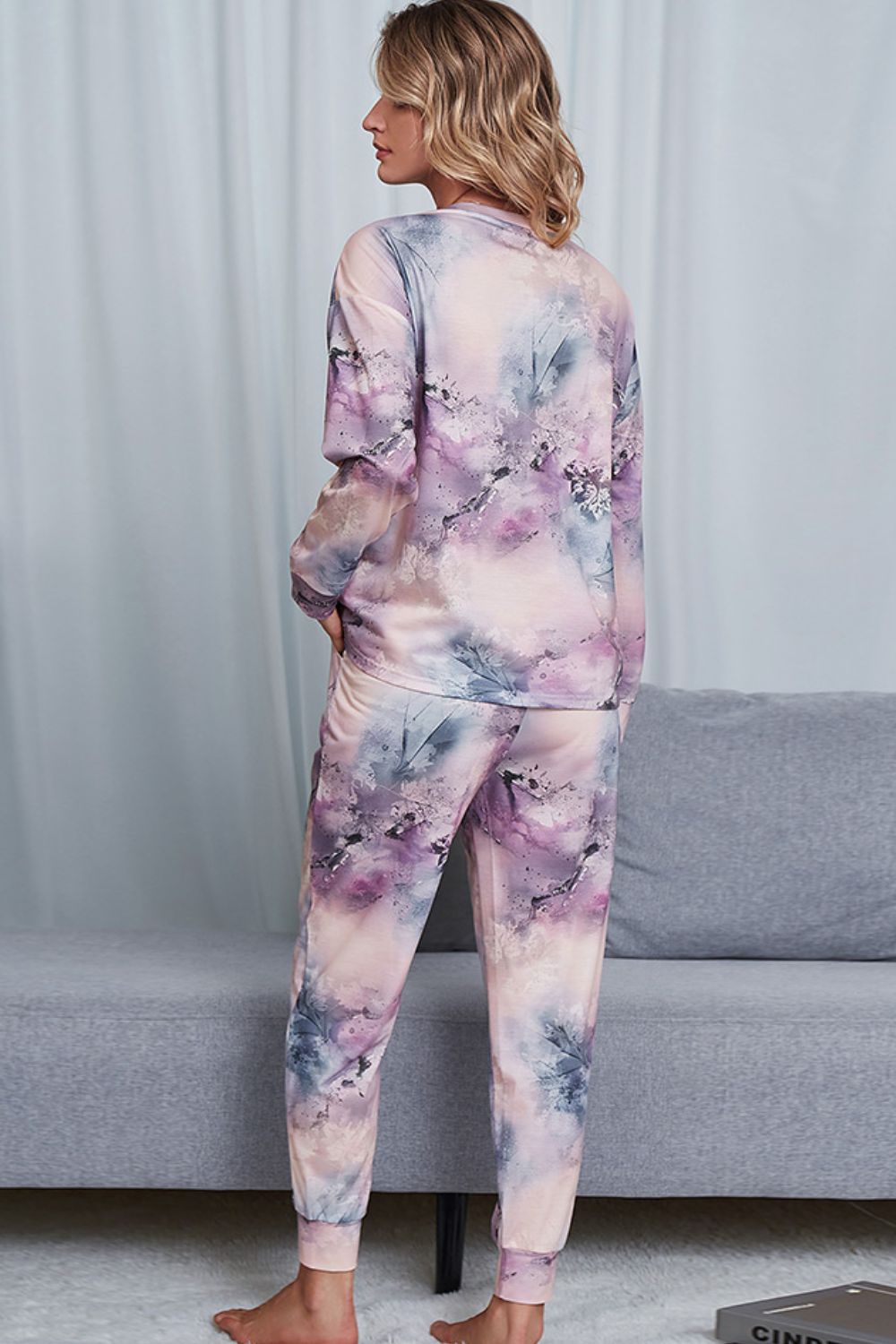 Outfit Flow - Shiny Tie-Dye Crewneck Top and Drawstring Waist Joggers Lounge Set