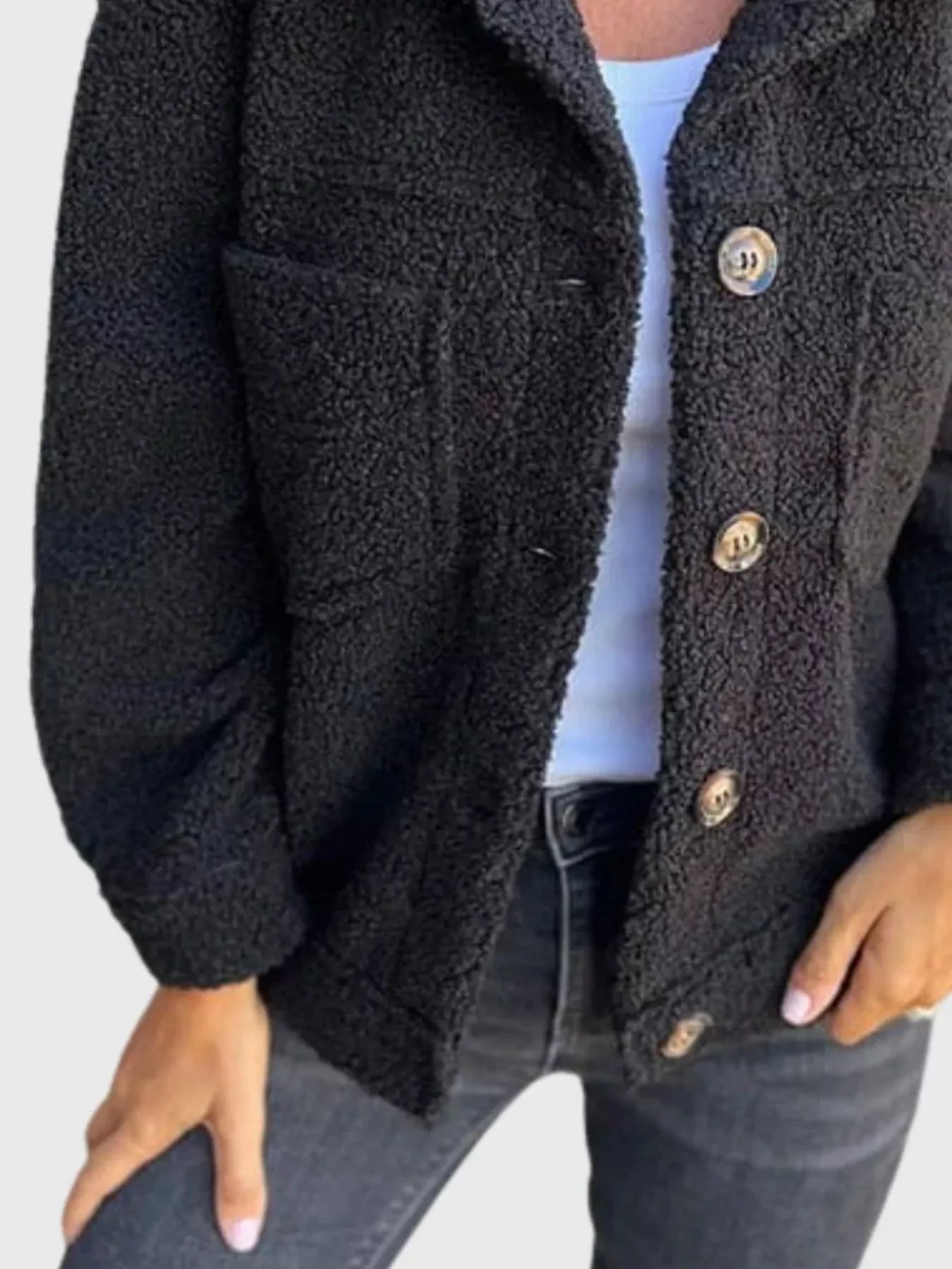 Full Size Single-Breasted Sherpa Shacket Plus Size OutfitFlow