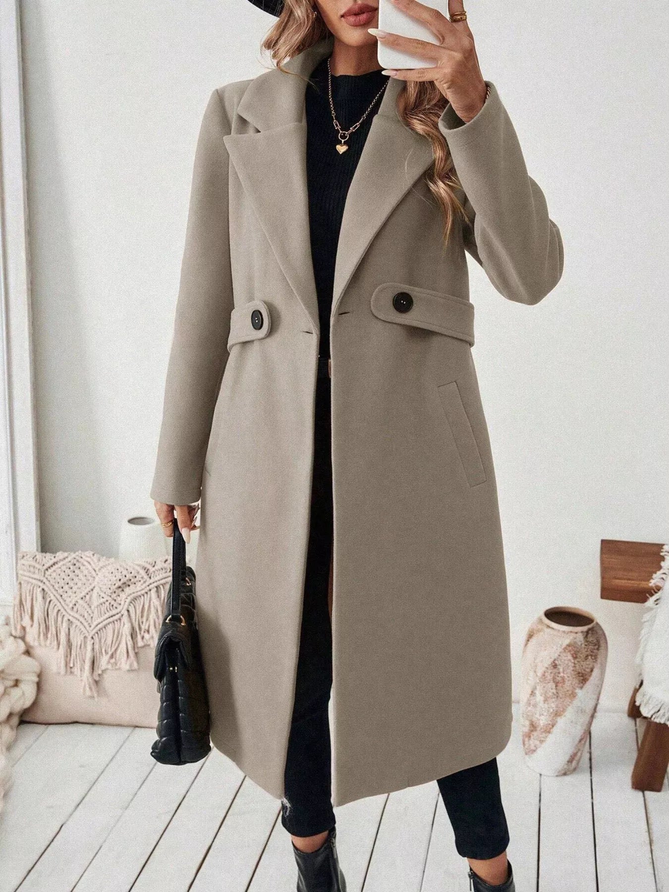 One Button Wool Blend Overcoat Khaki OutfitFlow