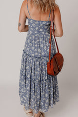 Floral Spaghetti Strap Frilled V Neck Tiered Midi Dress OutfitFlow