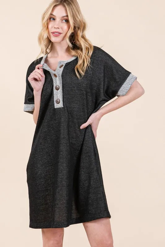 Casual Contrast Trim Henley Dress OutfitFlow