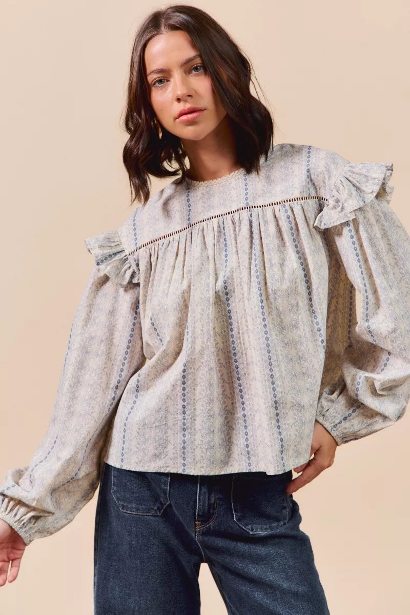 SO ME Floral Cotton Print Ruffled Long Sleeve Blouse OutfitFlow
