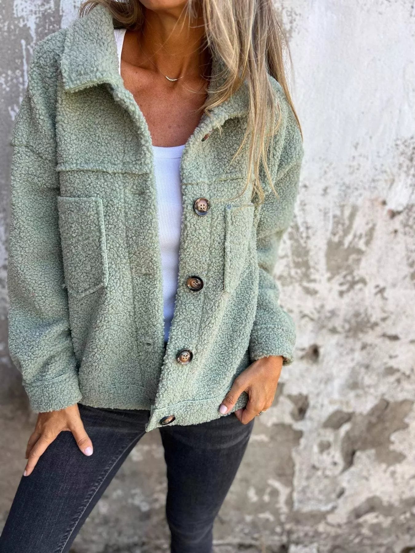 Full Size Single-Breasted Sherpa Shacket Plus Size OutfitFlow