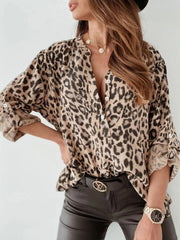 Full Size Leopard Print Roll-Tab Sleeves Blouse Plus Size Apricot OutfitFlow