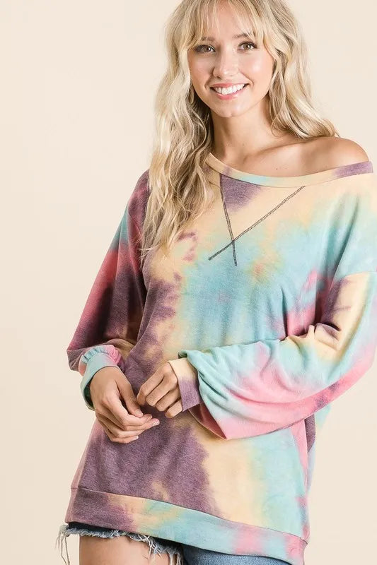 BiBi Tie Dye Print French Terry Sweatshirt OutfitFlow