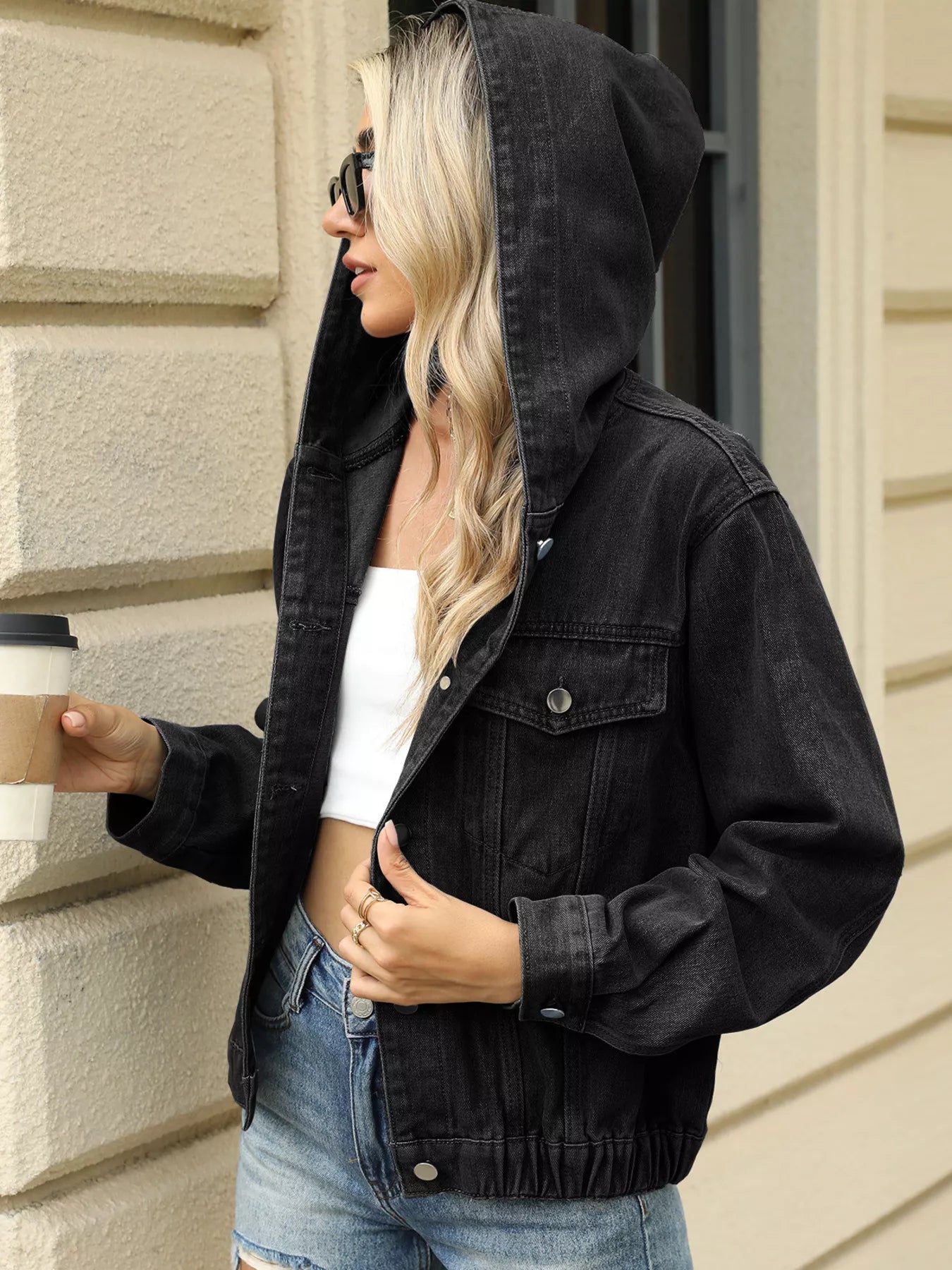 Washed Button Up Hooded Denim Jacket Black Gray OutfitFlow