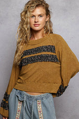 POL Print Patch Round Neck Balloon Sleeve Cropped Top OutfitFlow