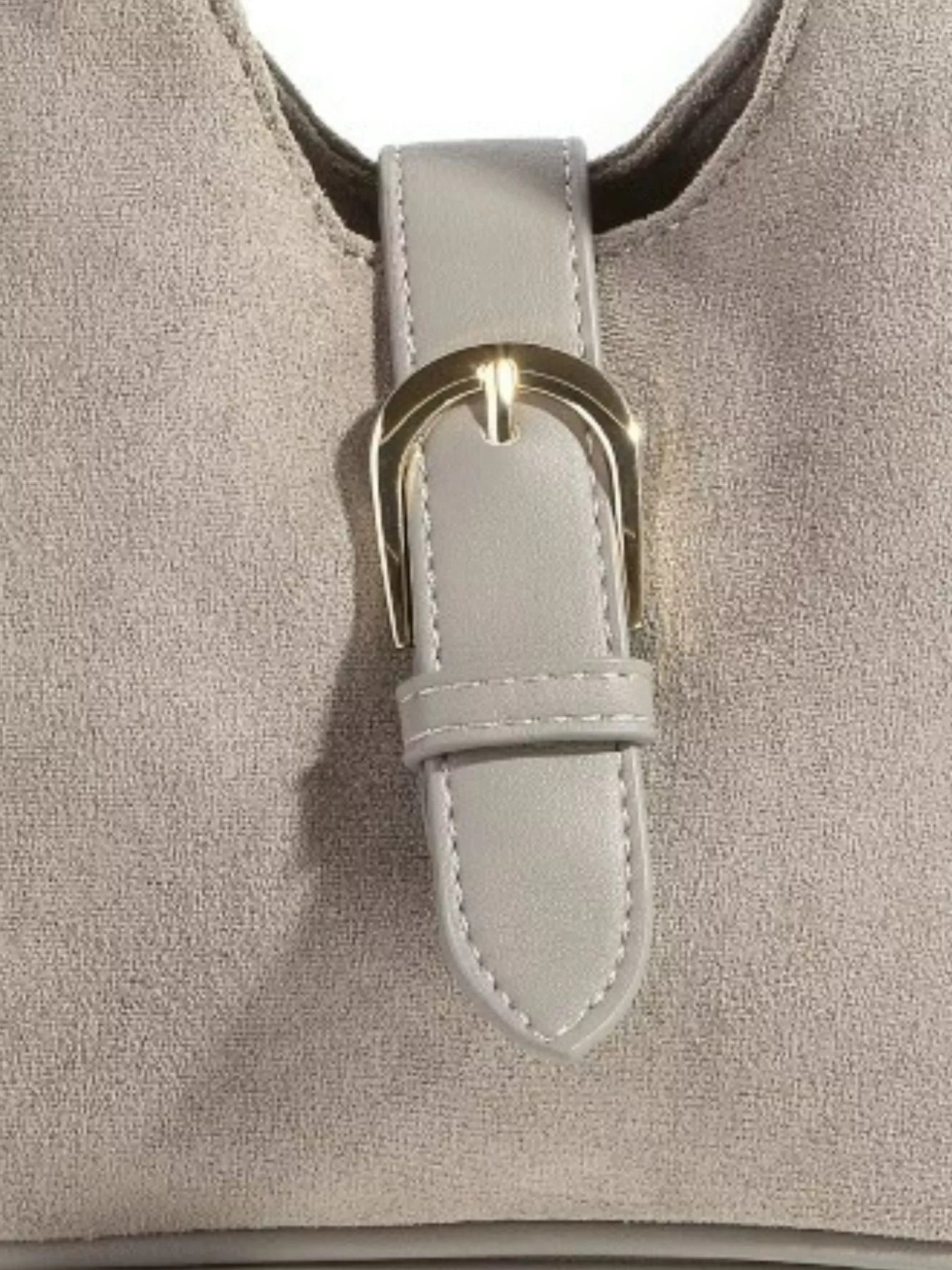 Fame Buckle Accent Faux Suede Hand Bag OutfitFlow