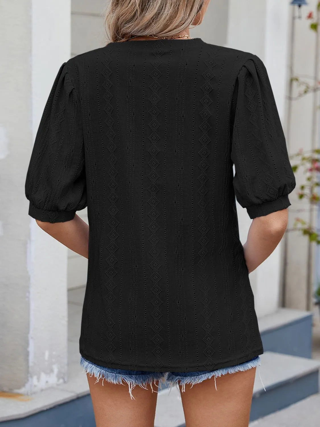 Puff Sleeve V-Neck Eyelet Lace T-Shirt OutfitFlow