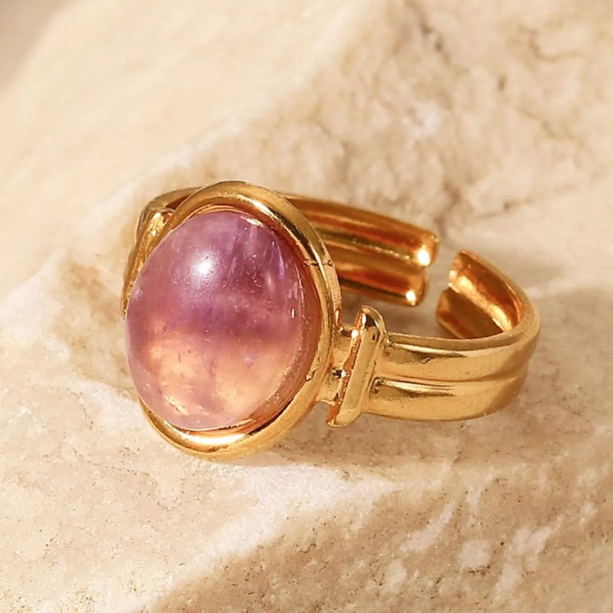 Vintage Natural Stone Gold Plated Adjustable Ring Lilac One Size OutfitFlow