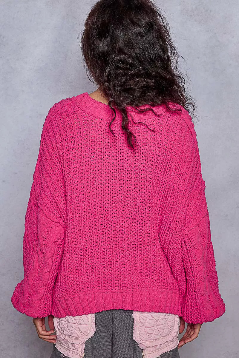 POL Cable-Knit Solid V-Neck Cropped Sweater OutfitFlow