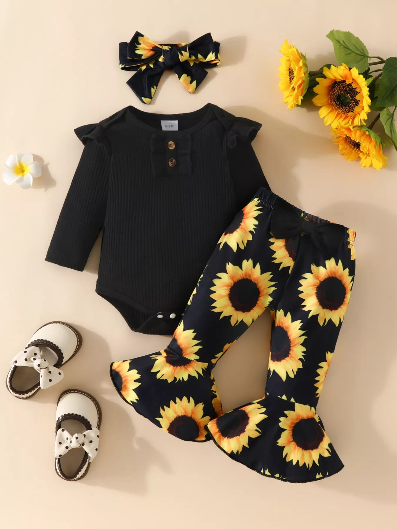 Children's Ruffled Ribbed Top and Sunflower Pants Set Black Trendsi