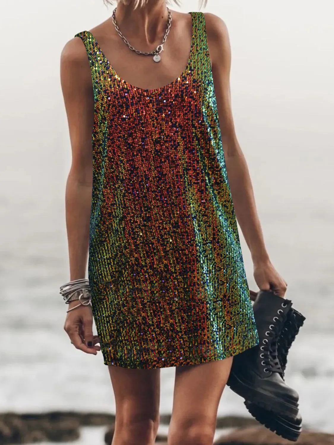 Sequin Scoop Neck Mini Dress OutfitFlow