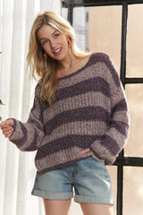 ADORA Horizontal Stripes Knit Textured Sweater PURPLE One Size OutfitFlow
