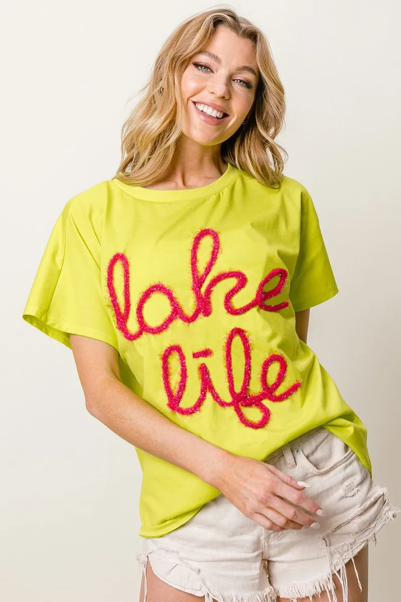 BiBi Metallic Letter Short Dolman Sleeve Top OutfitFlow