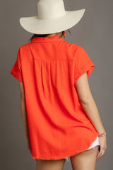 Umgee Full Size Linen Blend Button Down Short Folded Sleeve Shirt Plus Size OutfitFlow