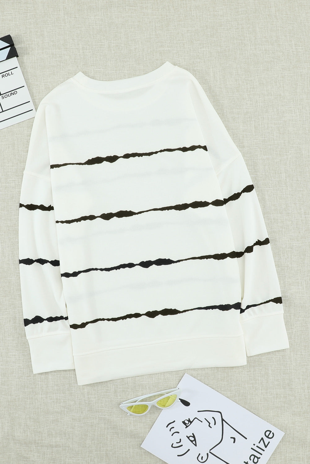 Slit Contrast Striped Round Neck Long Sleeve T-Shirt