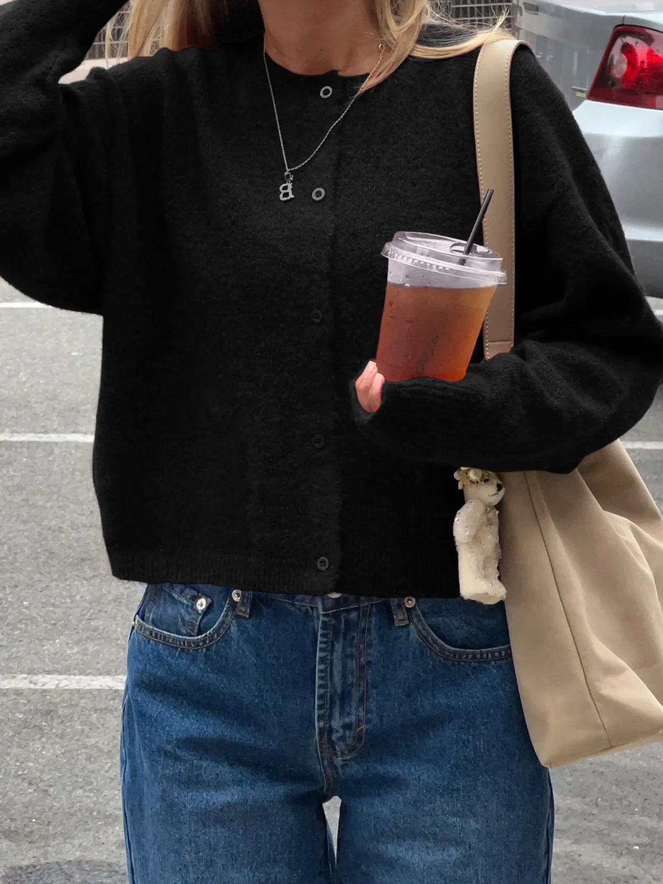 Button-Up Cropped Sweater Cardigan Black OutfitFlow