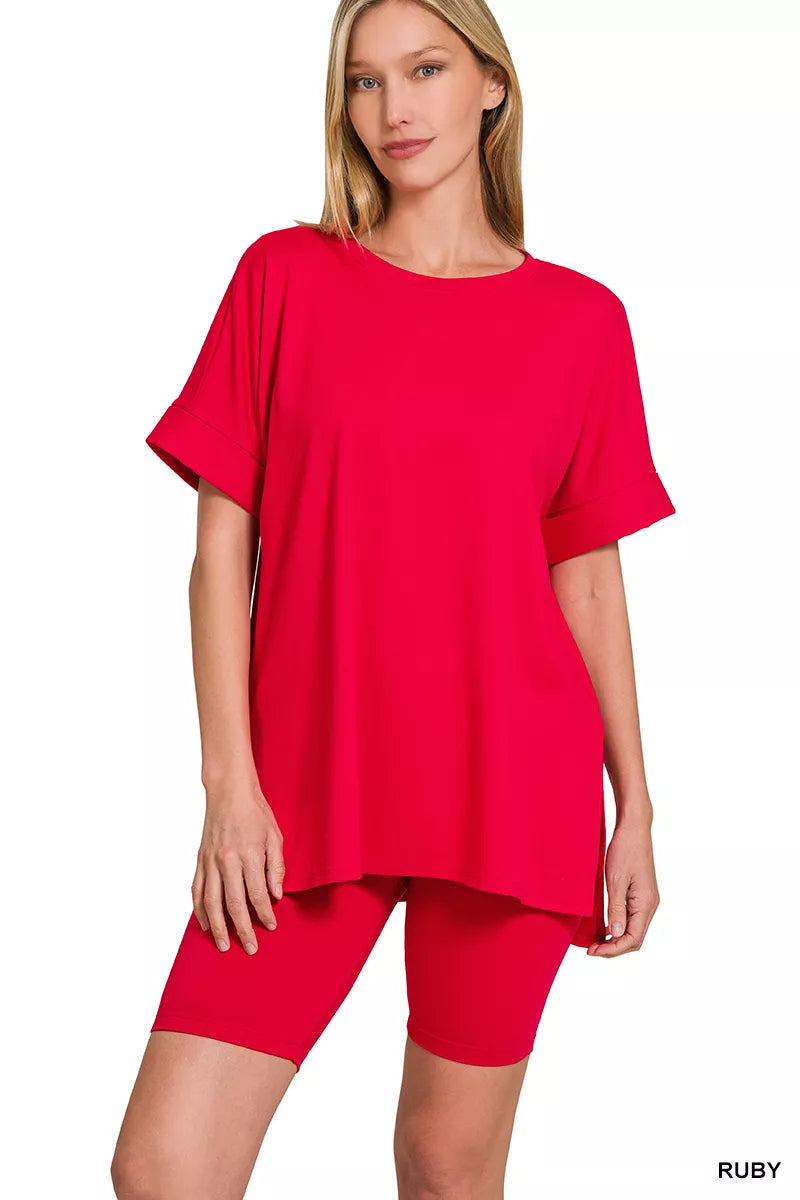 Zenana Full Size Brushed Dty Microfiber Round Neck Top and Biker Shorts Set Plus Size Trendsi