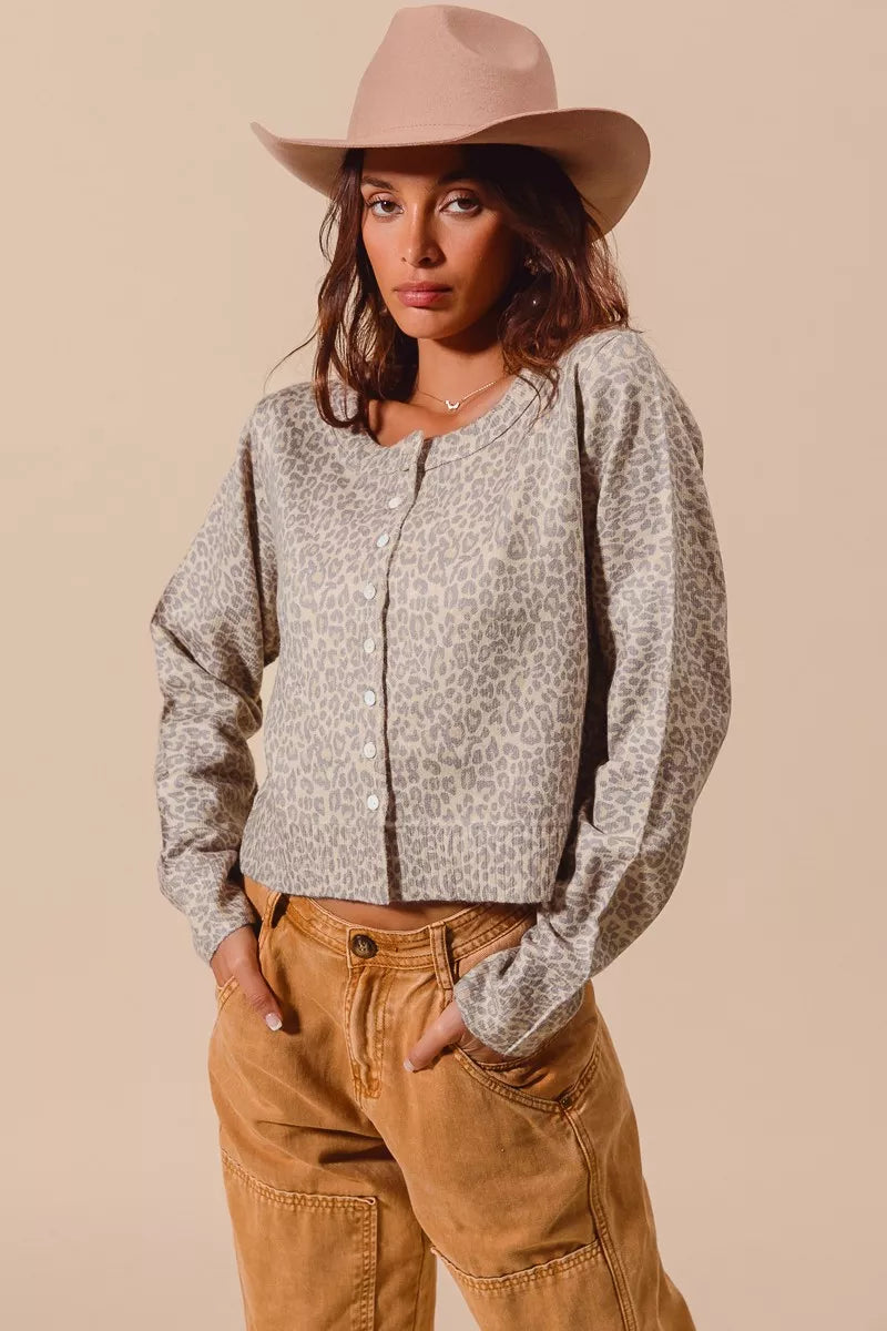 SO ME Two Tone Leopard Vintage Print Button Up Cardigan OutfitFlow