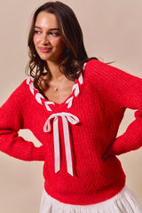 SO ME Satin Tape Braided Ribbon Tie V Neck Sweater OutfitFlow