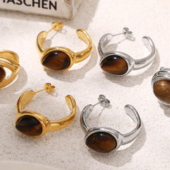 Stainless Steel Natural Tiger's Eye C-Hoop Earrings OutfitFlow