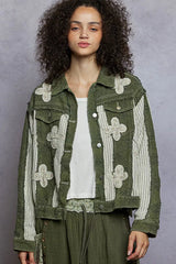 POL Button Down Raw Hem Jacket with Floral Patch OutfitFlow