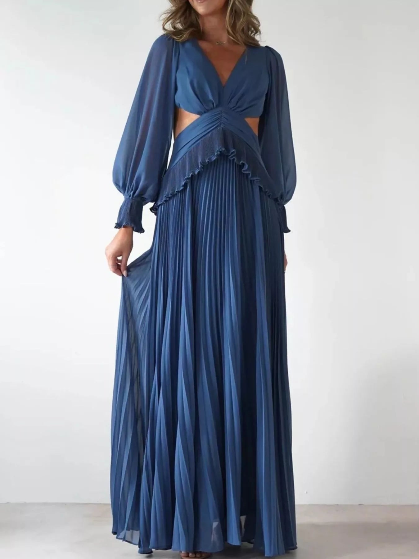 Backless Pleated Long Sleeve Maxi Dress OutfitFlow