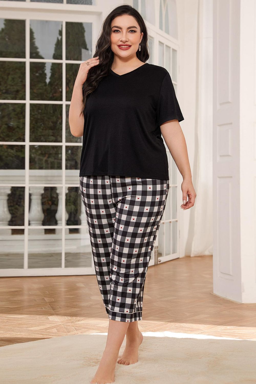 Outfit Flow - V-Neck Tee and Plaid Cropped Pants Lounge Set