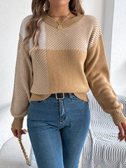 Color Block Striped Round Neck Sweater OutfitFlow